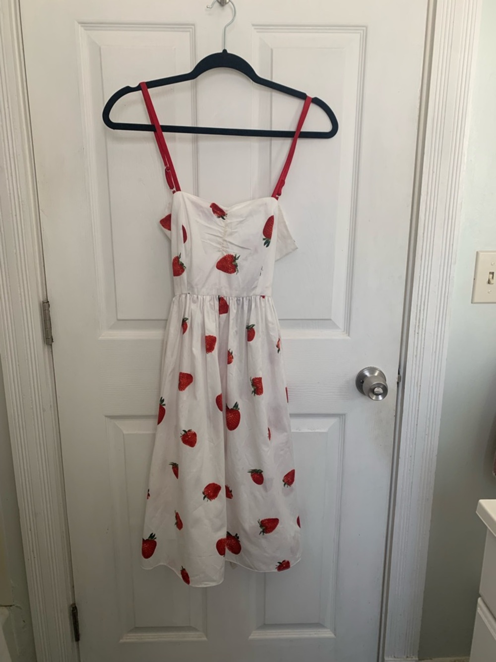 White Strawberry Print Sundress with Red Straps